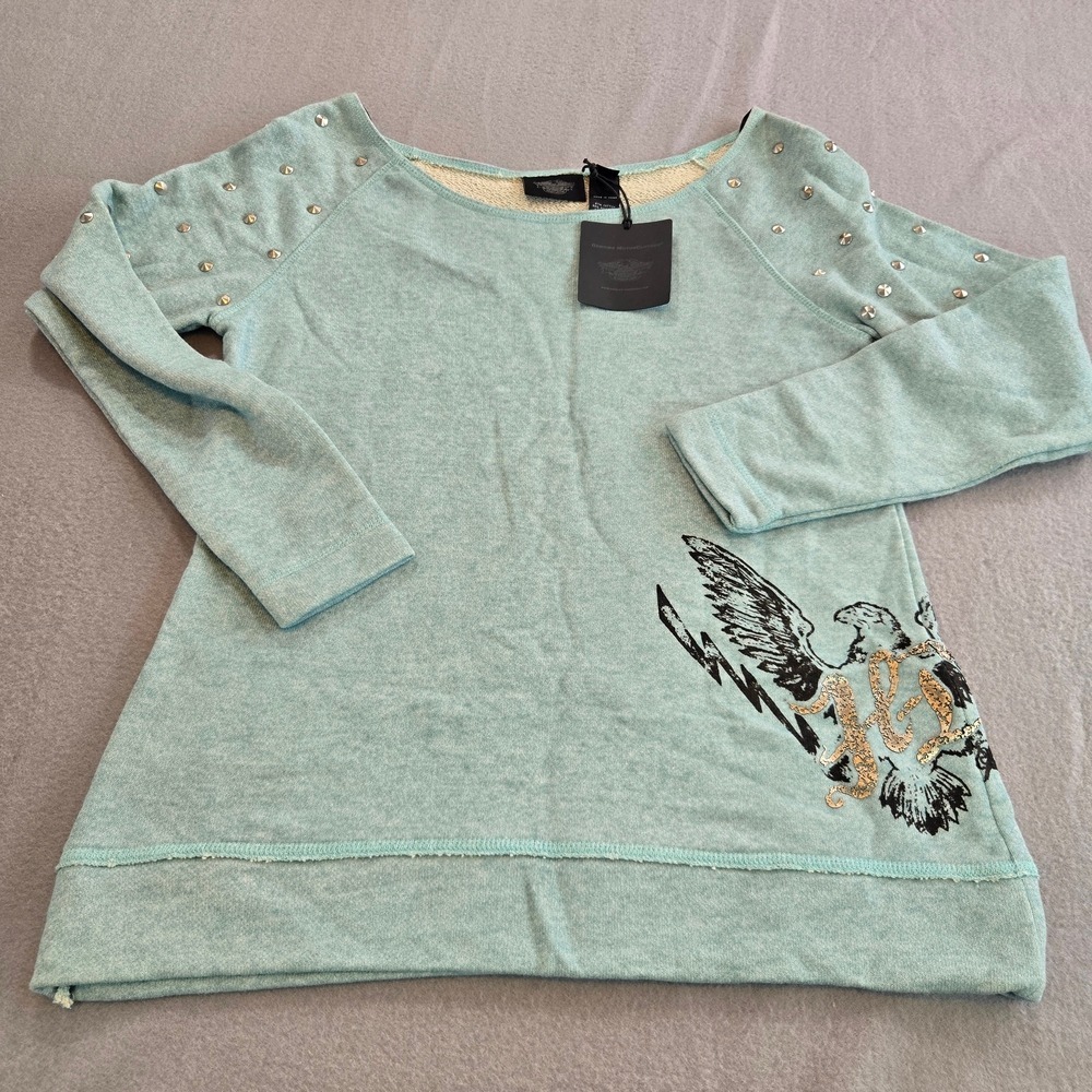 Harley-Davidson Sweatshirt Womens Large Mint Green Studded Eagle Graphic Biker